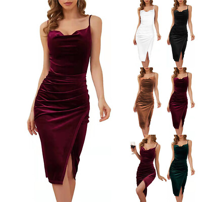 #ad Womens Party Evening Cocktail Velvet Midi Strappy Ruched Dress $15.29