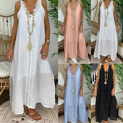 Plus Size Womens Summer V Neck Maxi Dress Ladies Lace Beach Boho Long Sun Dress $20.79
