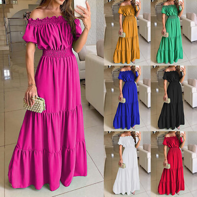 #ad Women Ladies Elasticated Off Shoulder Smock Dress Summer Long Maxi Dress $27.89