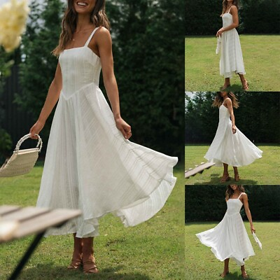 #ad Lady Elegant White Beach Dress Spaghetti Straps Bohemian Long Swing Dress $23.24