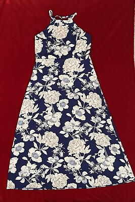#ad Unbranded Women#x27;s Floral Sleeveless Halter Long Blue amp; Ivory Pullover Dress Sz:M $19.99