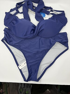 #ad CUPSHE Women’s Blue High Waisted Bikini Swimsuit Sz L NWT $13.24