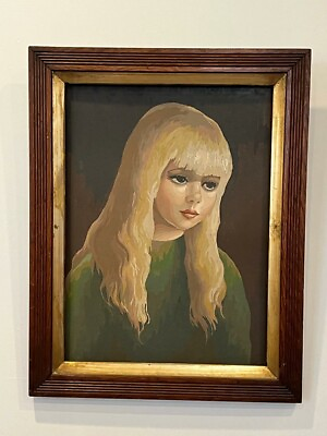 Sad Tearing Girls Portraits Oil Painting Big eye girl mid century $250.00