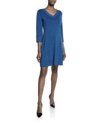 #ad NWT Misook Blue Knit Sheath Dress 2X Plus 3 4 Sleeve V Neck $148.00