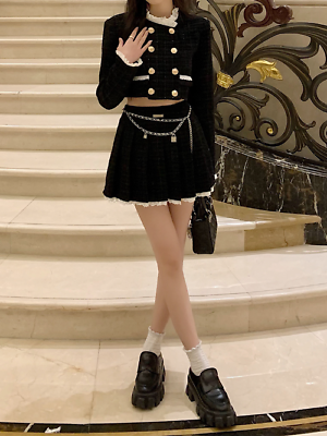 #ad Autumn Elegant Two Piece Skirt Set Women Button Pleated Mini Skirt Suit Female $80.19