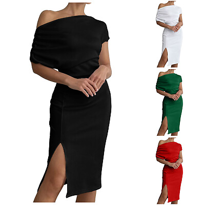#ad Women Elegant Off Shoulder Split Hem Bodycon Ruched Midi Cute Dresses for Summer $23.97