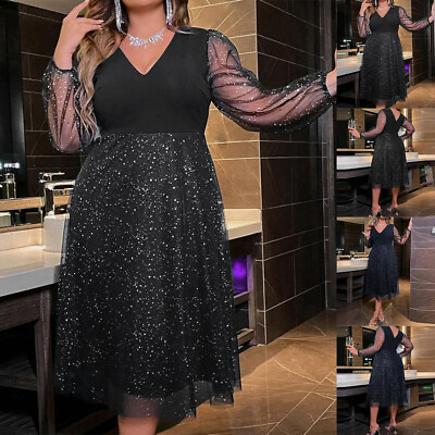 #ad Plus Size Women Midi Dress V Neck Glitter Evening Cocktail Party Ball Gown 22 30 $30.29