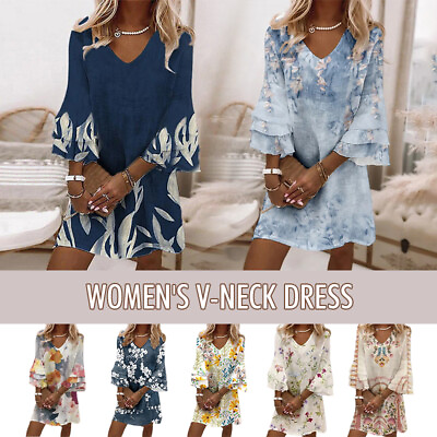 #ad Women Long Sleeve Floral V Neck Sundresses Short Dress Party Evening Sundress $17.19