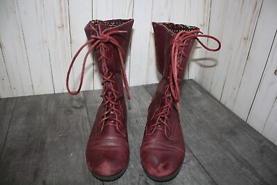 Womens Calf Boots 9.5 Lace up Red Zip in Back w Aztec Tapestry Riding #1068 $19.99