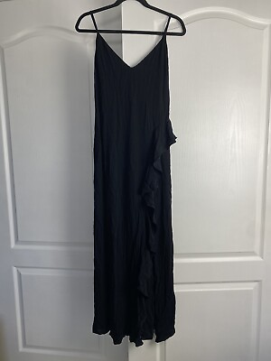 #ad Forever 21 Women#x27;s Maxi Dress Asymmetrical Ruffle Size M Black Slit $11.99