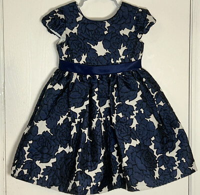 #ad #ad Bonnie Jean Little Girl Sz 5 Dress White Large Navy Flowers Two Navy Back Bows $15.25
