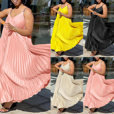 #ad Women African Summer Strap Pleated Long Maxi Dresses Holiday Party Sundress Gown $34.18