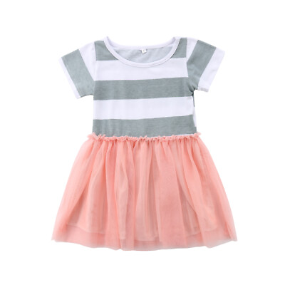 #ad Little Girls Summer Dress Striped Short Sleeve Round Neck Princess TuTu Dress $8.95