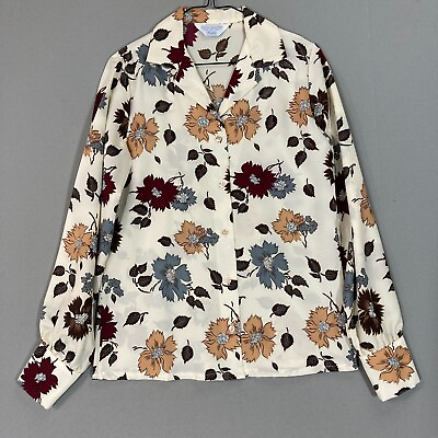 70s Vintage Sears Womens M Rockabilly Cottagecore Floral Blouse Top L S Casual $25.49