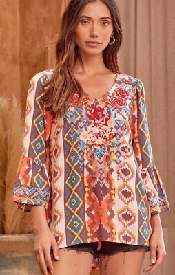 #ad SAVANNA JANE Womens Tunic Shirt Top Blouse Embroidered Floral Aztec Boho 2X $23.99