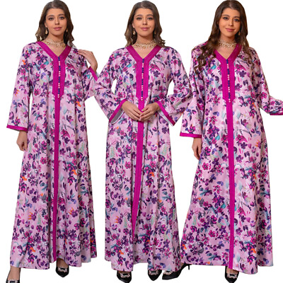 Muslim Kaftan Dress Abaya Floral Maxi Dress Long Sleeve Moroccan Dubai Jilbab C $62.56