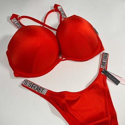 Victoria Secret 36DD L Bombshell Push Up Top Bikini Set Shine Strap Flame Red $99.95