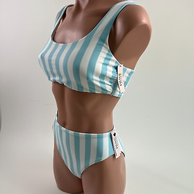 #ad Victoria#x27;s Secret Swim Bikini Top amp; High Waisted Bottom Set Blue Size M NWT $39.99
