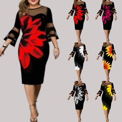 #ad Plus Size Womens Floral Bodycon Dress Ladies Mesh Cocktail Evening Party Dresses $30.58
