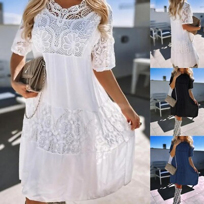 #ad #ad Womens Wedding Party Gown Ladies Lace Solid Ruffled Slim Fit Midi Dress Sundress $24.65