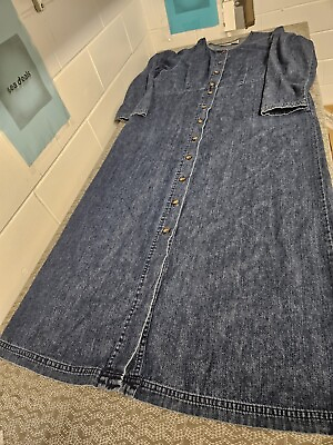 Vintage LL Bean Denim Maxi Dress Womens 14 Blue Modest Long Sleeve Button Front $34.00