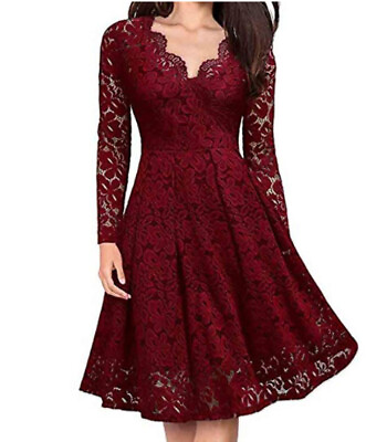 Womens Floral Lace Long Sleeves Slim Fit Christmas Dress Party Ball Gown V Neck $27.99