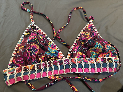 #ad Xhilaration Maroon Sangria Floral Crochet Bikini Top Medium Bathing Suit $9.89