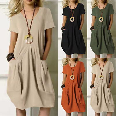 #ad #ad Womens Summer Cotton Linen Dress Ladies Short Sleeve Pockets Sundress Plus Size $23.79
