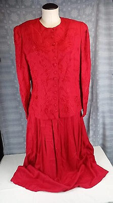 #ad VTG Sarah Elizabeth Red 2 Piece Skirt Set Blouse amp; Skirt Womens Size 16 Floral $24.97
