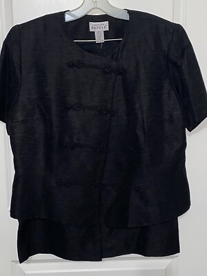 #ad Adrianna Papell Womens 2 Piece Black Silk Linen Blend Skirt Suit Size 16 NEW $64.99