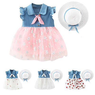 #ad Kids Girls Children#x27;s Cowboy Mesh Stitching Sweet Bow Puffy Dress Hat Set $11.99