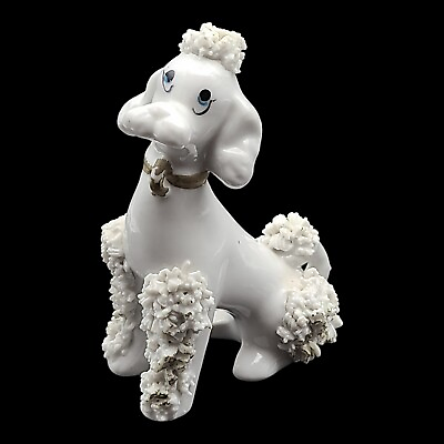 #ad Vtg 1950#x27;s Porcelain Spaghetti Poodle Figurine White Dog Blue Eyes Japan 4.75quot; $11.99