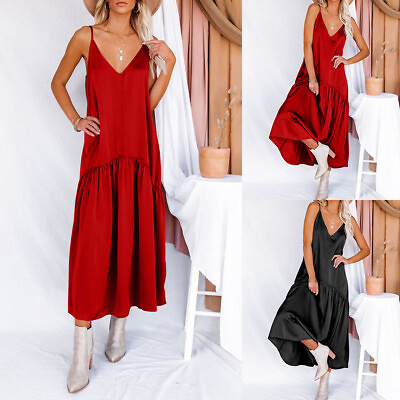 #ad Women#x27;s Sexy V Neck Summer A Line Dress Strappy Holiday Beach Party Dresses $32.19