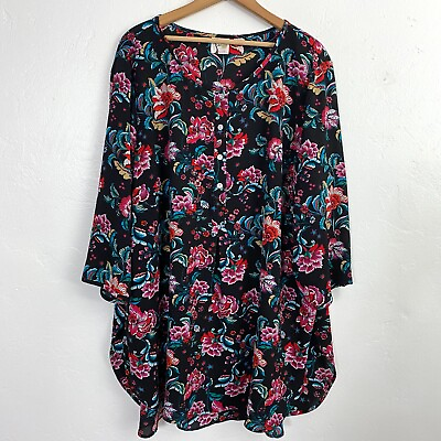 Fig and Flower Womens Black Tunic Top Crepe Floral 3 4 Sleeve Size 2X 3X $16.77