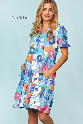 #ad New PLUS SIZE Womens BLUE PINK BOHEMIAN BOHO ALOHA SHABBY CHIC DRESS 1X 2X 3X $39.85