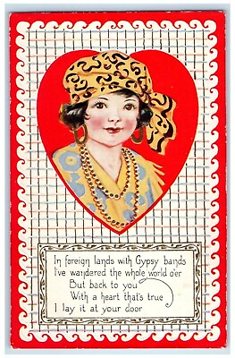 #ad #ad c1910#x27;s Valentine Pretty Woman Gypsy Bands Heart Embossed Shirley IN Postcard $9.72