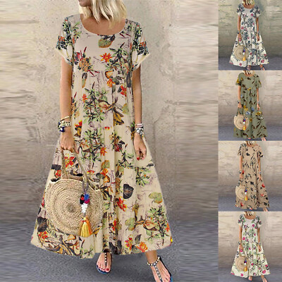 #ad Women Short Sleeve Summer Floral Boho Maxi Dress Kaftan Long Sundress Plus Size❀ $15.49