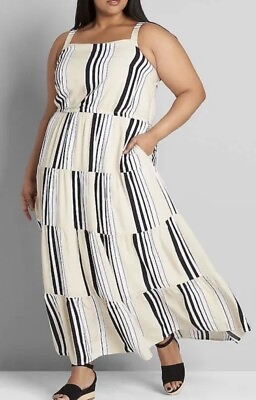 #ad LANE BRYANT Square Neck Tiered Maxi Dress Striped Cream Black Plus Size 20 NWT $36.99