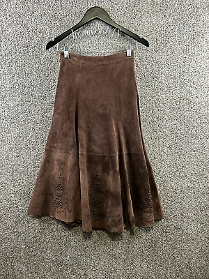 Chico#x27;s Brown Leather Skirt Women#x27;s Size XS Chico#x27;s 0 A Line Laser Cut Design $34.99