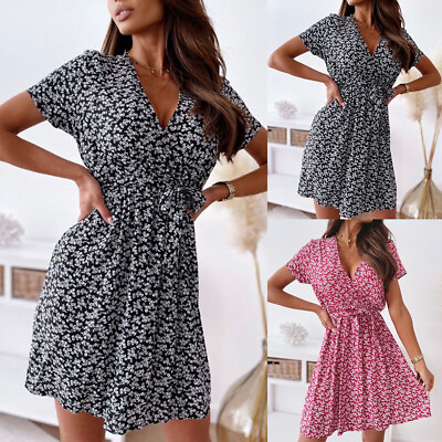 #ad Womens Boho Floral V Neck Mini Dress Ladies Summer Holiday Beach Swing Sundress $17.90