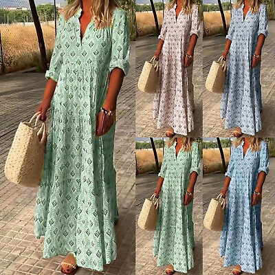 #ad Long Sleeve Dress For Womens Pleated V Neck Plus Size Tiered Maxi Dress Casual $43.26