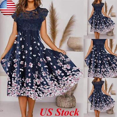 Womens Lace Floral Midi Dress Ladies Summer Cocktail Party Short Sleeve Dresses $19.85