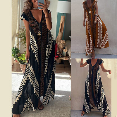 #ad Women#x27;s Printed A Line Maxi Dress Short Sleeve V Neck Summer Long Party Dresses $27.59