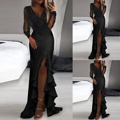#ad Women Sequin Long Sleeve Lace V Neck Maxi Dresses Ladies Evening Cocktail Dress $33.38