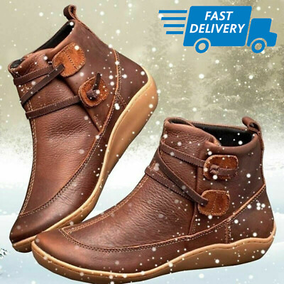 Women#x27;s Flat Leather Retro Strap Boots Casual Ankle Boots Round Toe Shoes Size $23.99