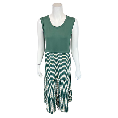 #ad Cuddl Duds Petite Flexwear Scoop Neck Tiered Maxi Dress Sagebrush Stripe PL Size $25.00