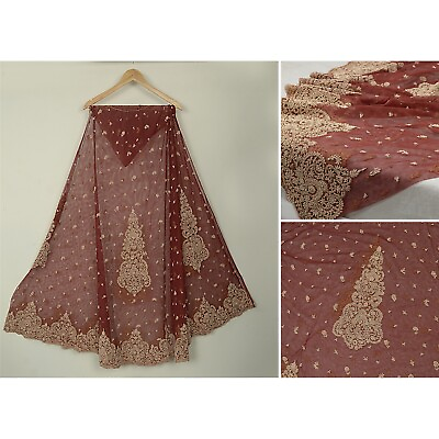 #ad Sanskriti Vintage Long Skirt Net Mesh Dark Red Hand Beaded Unstitched Lehenga $89.99
