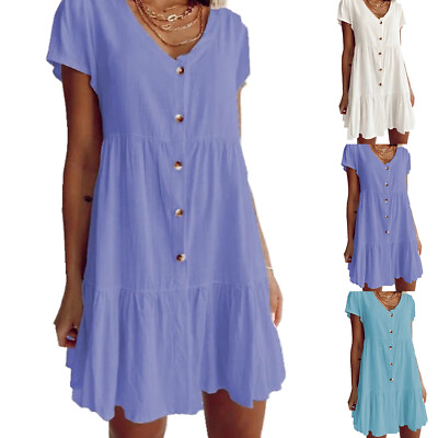 #ad US Women V Neck Ruffle Mini Dress Ladies Summer Holiday Party Sundress Plus Size $18.11