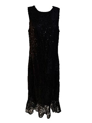 NWT $120 Chaps Sheath Cocktail Dress Black Lace Sequin Embellished Ruffle Hem 6 $49.99