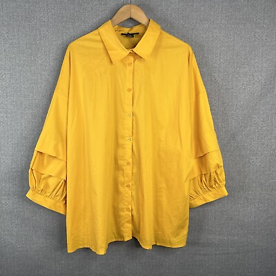 Ashley Stewart Top Blouse Womens 20 Button Up Puff Sleeve Yellow Plus Size $24.29